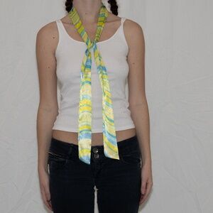 Vintage satin skinny scarf yellow and blue polyester